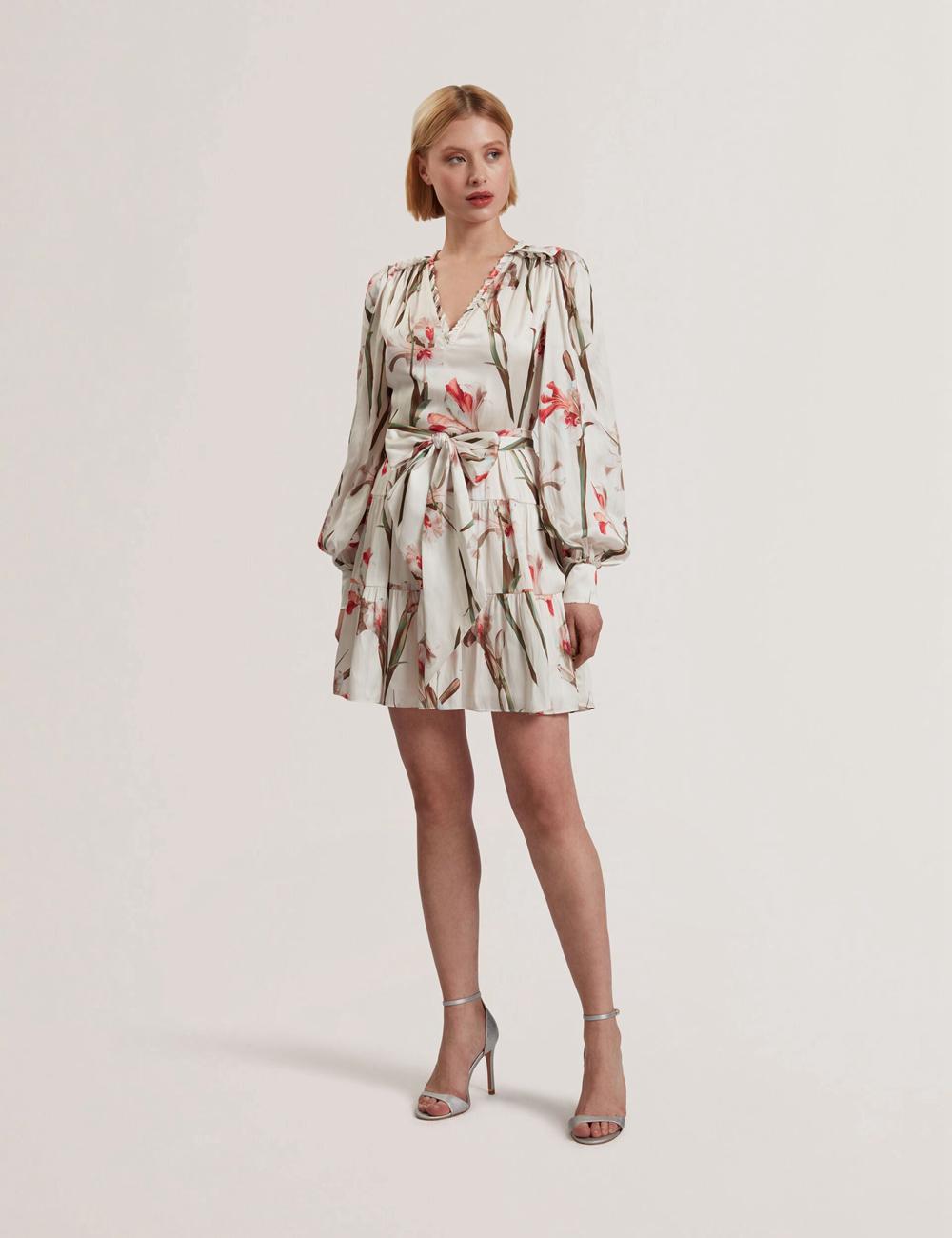 Ted Baker CUIABA - Floral V-Neck Waist Mini-jurk Dames Ivory | Belgium  037492-TWM