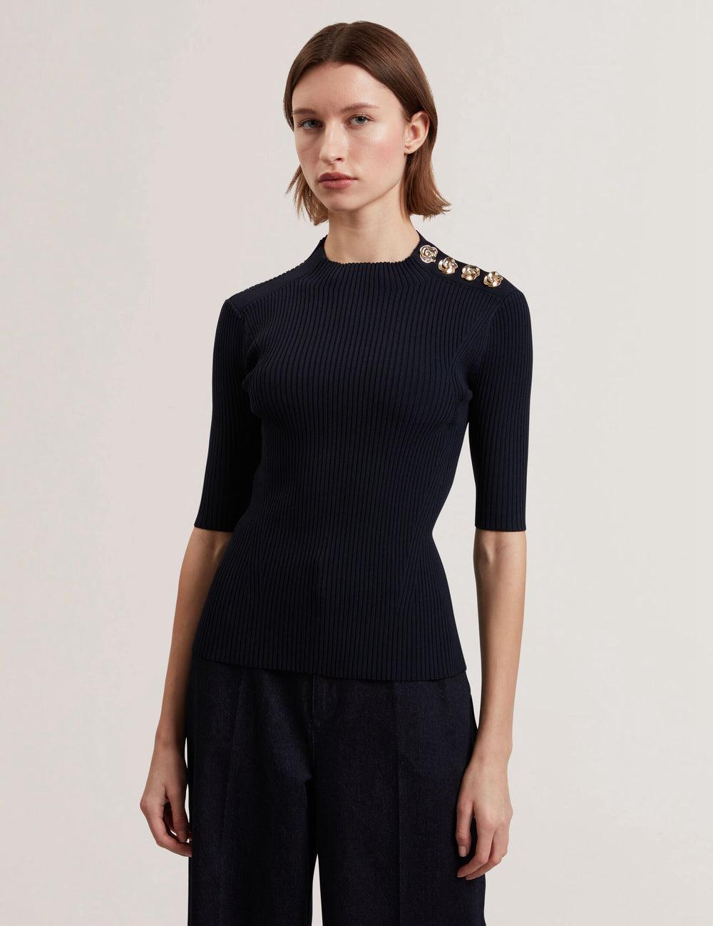 Ted Baker EELIIA - Ribbed Knit Short Sleeve With Rose Buttons Topjes Dames Donkerblauw | Belgium  068531-QFH