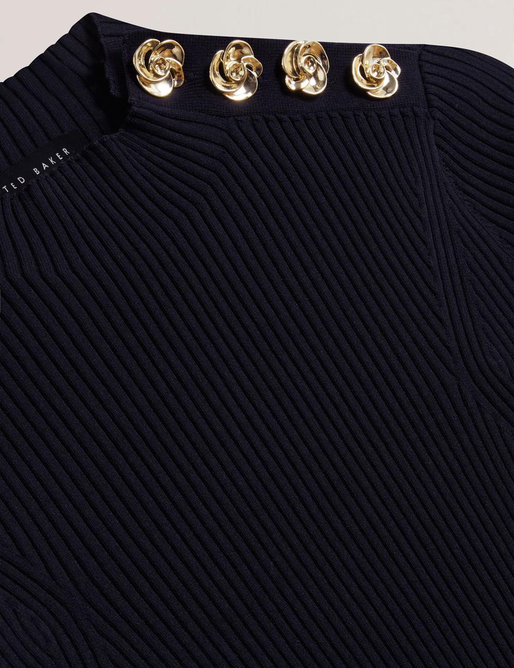 Ted Baker EELIIA - Ribbed Knit Short Sleeve With Rose Buttons Topjes Dames Donkerblauw | Belgium  068531-QFH