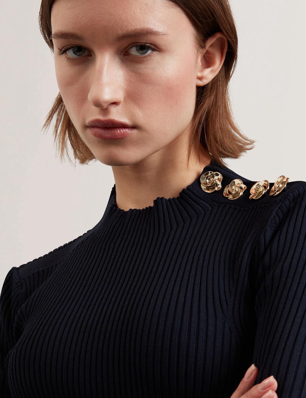 Ted Baker EELIIA - Ribbed Knit Short Sleeve With Rose Buttons Topjes Dames Donkerblauw | Belgium  068531-QFH