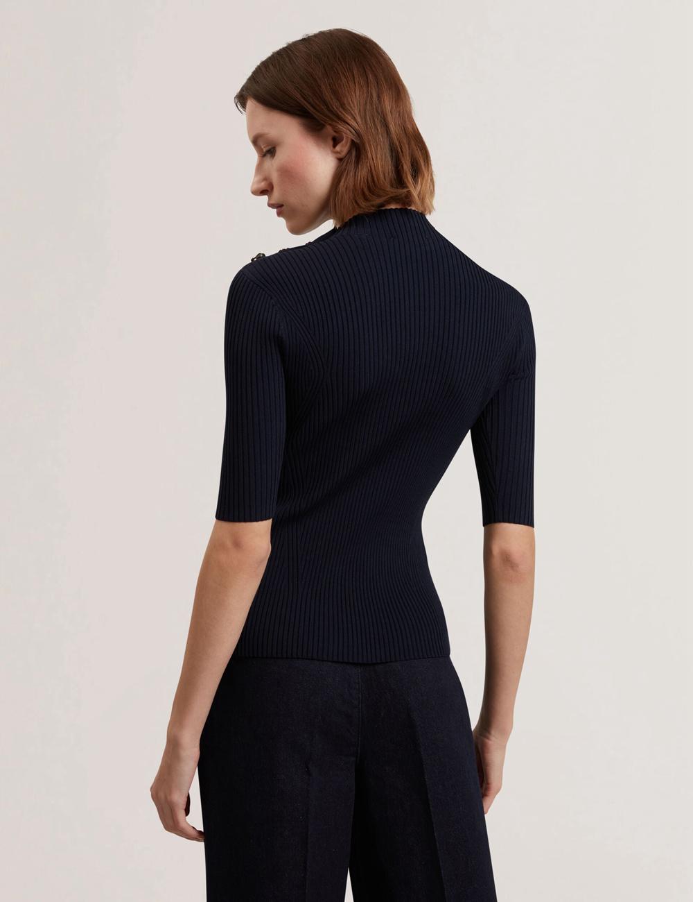 Ted Baker EELIIA - Ribbed Knit Short Sleeve With Rose Buttons Topjes Dames Donkerblauw | Belgium  068531-QFH