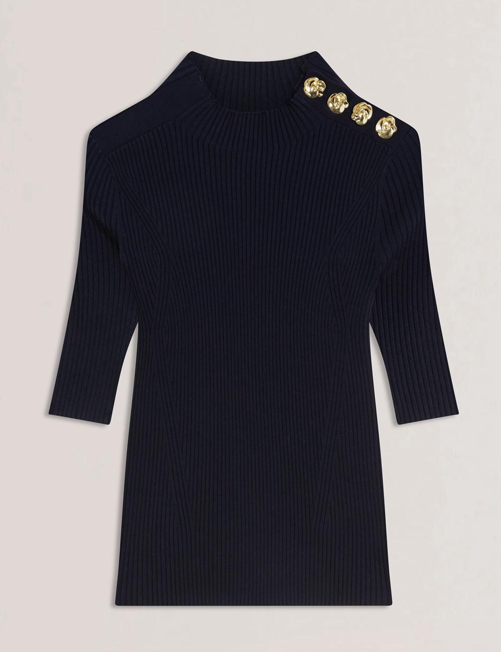 Ted Baker EELIIA - Ribbed Knit Short Sleeve With Rose Buttons Topjes Dames Donkerblauw | Belgium  068531-QFH