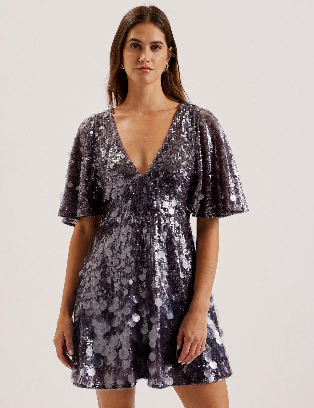 Ted Baker ELISONA - Sequin V-Neck Cape Sleeve Mini-jurk Dames Grijs | Belgium  894632-EAM