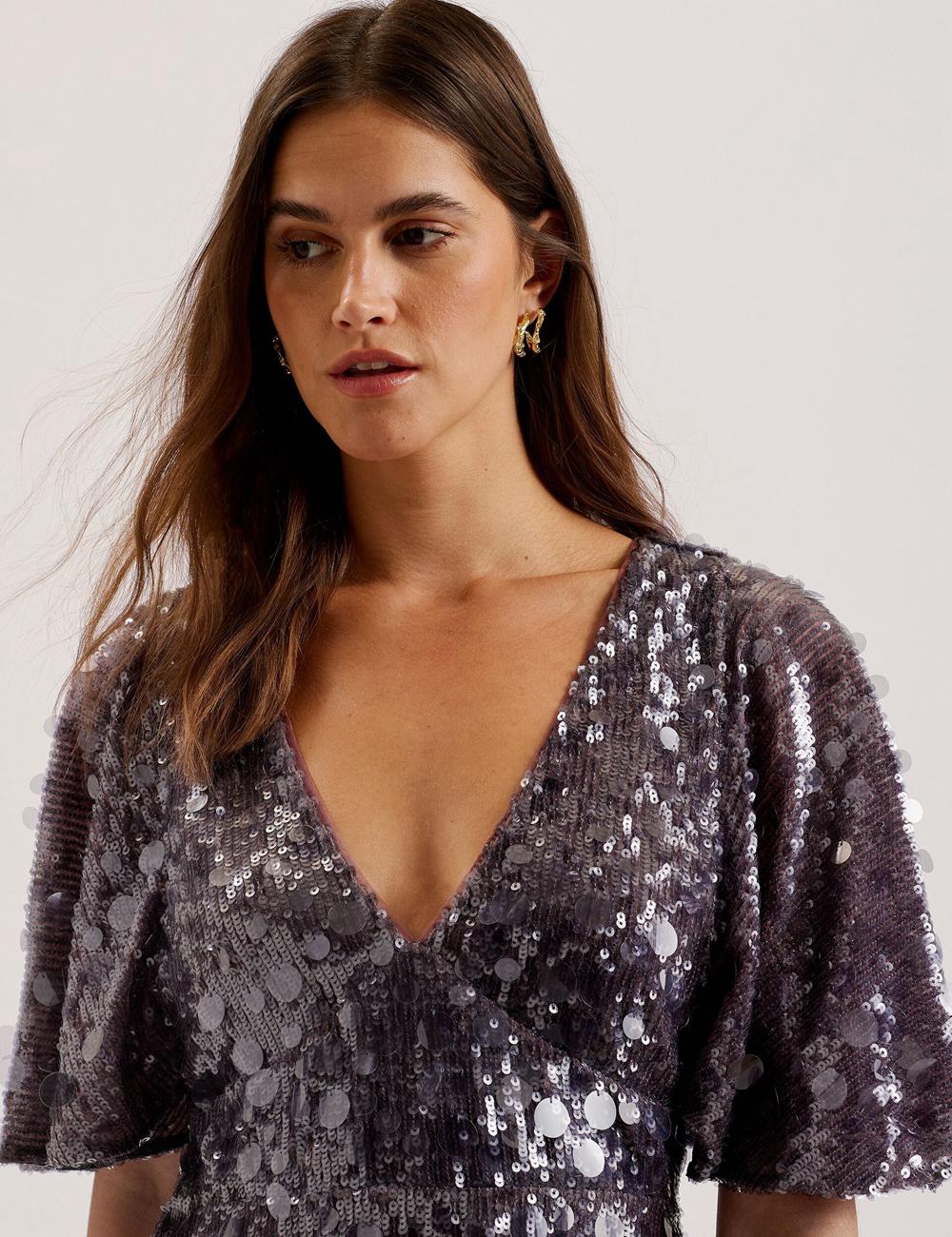 Ted Baker ELISONA - Sequin V-Neck Cape Sleeve Mini-jurk Dames Grijs | Belgium  894632-EAM