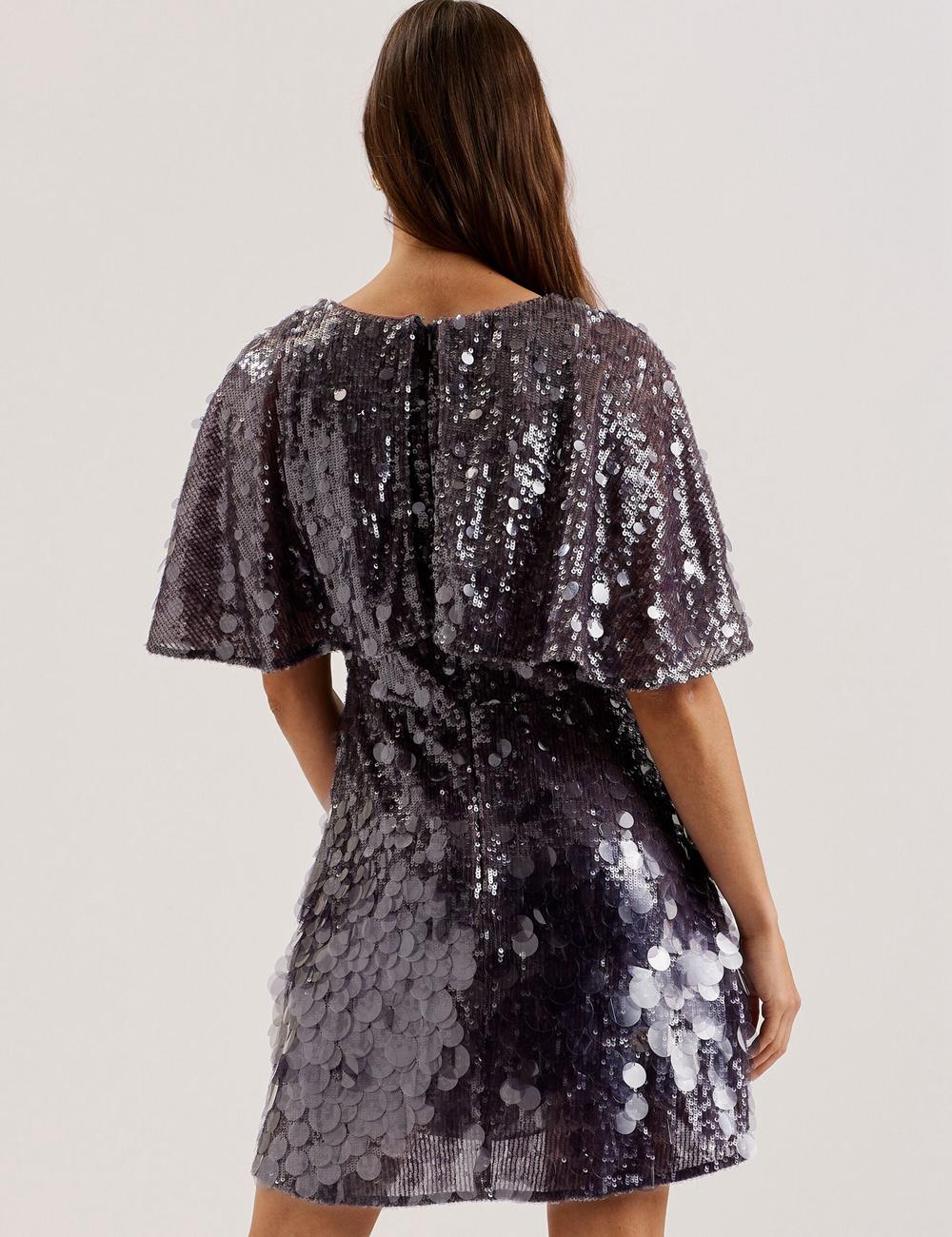 Ted Baker ELISONA - Sequin V-Neck Cape Sleeve Mini-jurk Dames Grijs | Belgium  894632-EAM
