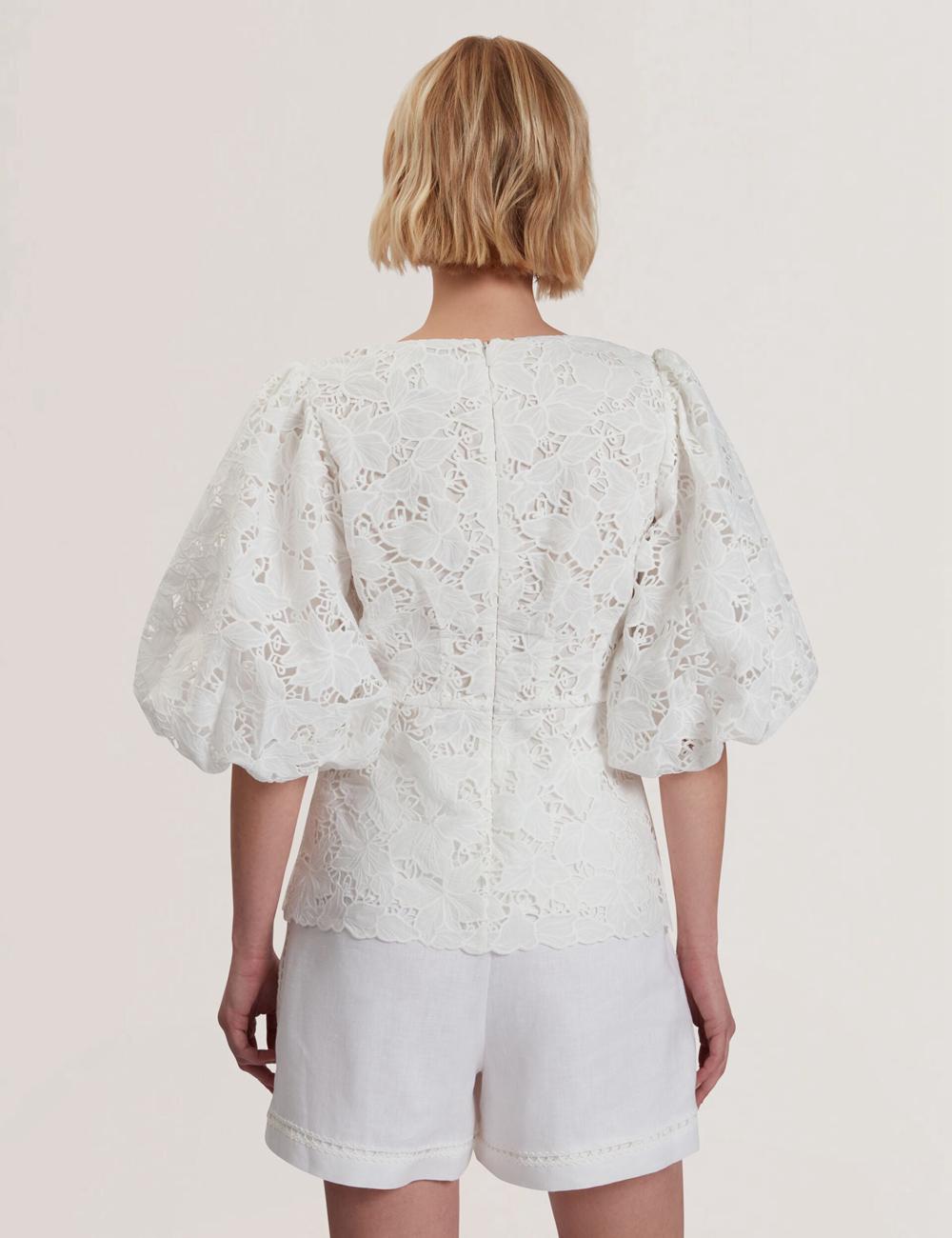 Ted Baker ELLARI - Lace Puff Sleeve V-Neck Peplum Topjes Dames Wit | Belgium  378650-WNO