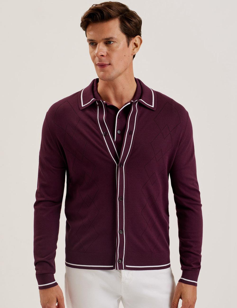 Ted Baker ELMDON - Pointelle Diamond Knitted Long Sleeve Overhemd Heren Bordeaux | Belgium  492857-QLT