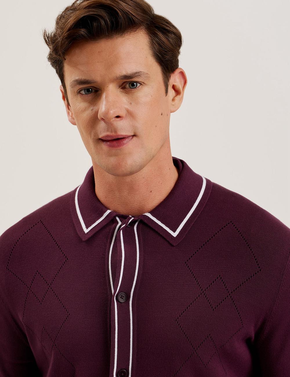 Ted Baker ELMDON - Pointelle Diamond Knitted Long Sleeve Overhemd Heren Bordeaux | Belgium  492857-QLT