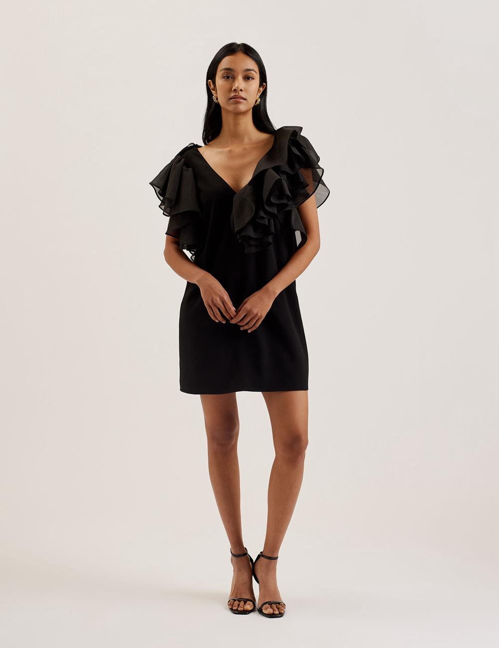 Ted Baker ELQUI - Oversized Ruffle Trim V-Neck Mini-jurk Dames Zwart | Belgium  631754-TAY