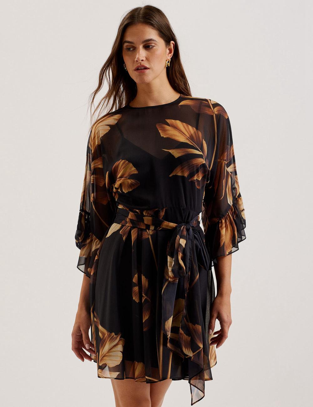 Ted Baker ELSTER - Printed Chiffon With Waist Mini-jurk Dames Zwart | Belgium  739420-YMP