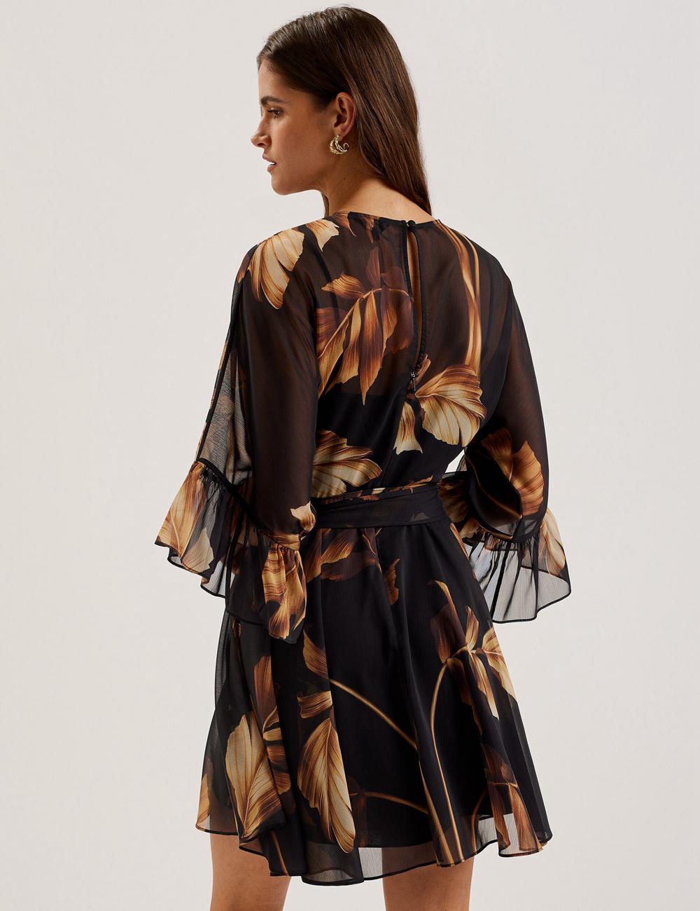 Ted Baker ELSTER - Printed Chiffon With Waist Mini-jurk Dames Zwart | Belgium  739420-YMP