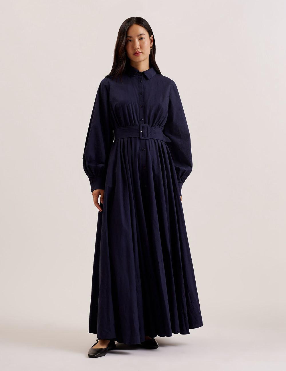 Ted Baker ENE - Cotton Maxi Shirt Dress With Belt Maxi Jurk Dames Donkerblauw | Belgium  376058-DJR