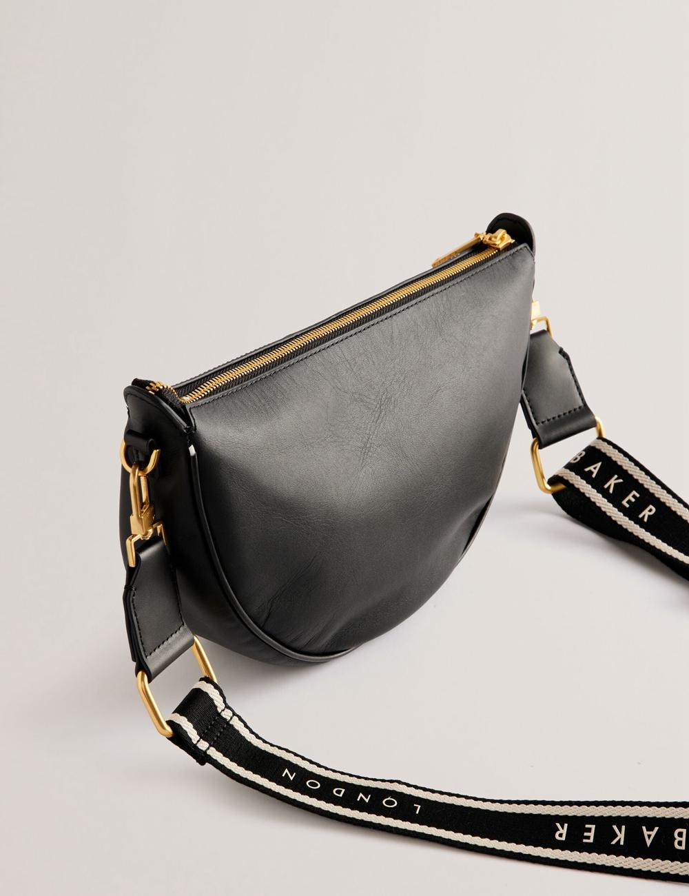 Ted Baker ESSINA - Webbing Half Moon Leather Crossbodytassen Dames Zwart | Belgium  367942-DJQ