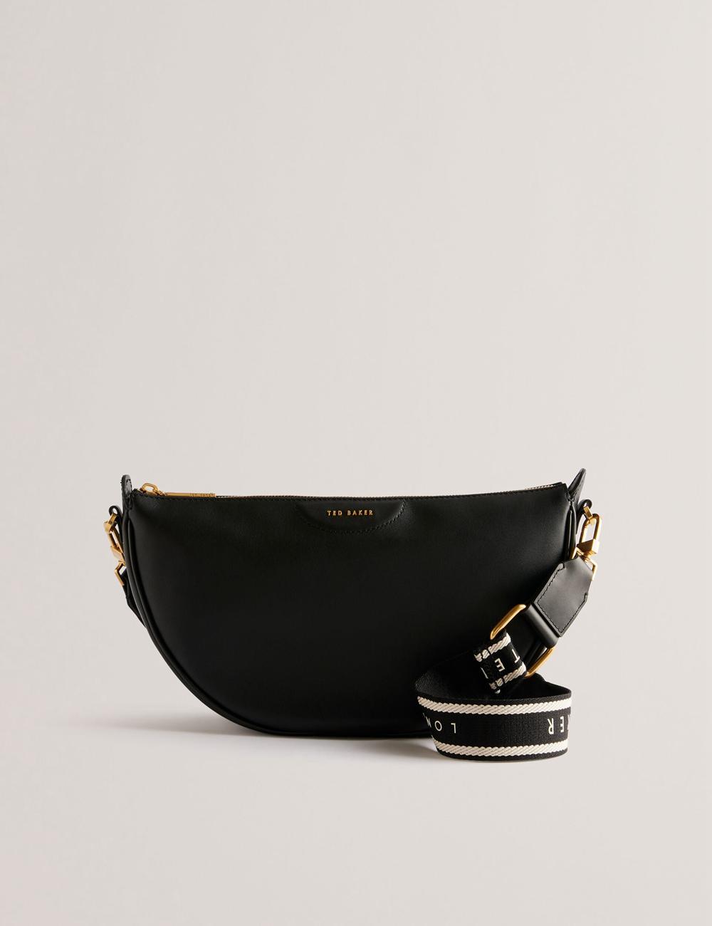 Ted Baker ESSINA - Webbing Half Moon Leather Crossbodytassen Dames Zwart | Belgium  367942-DJQ