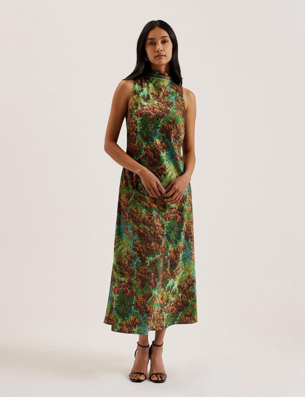 Ted Baker EYVA - Satin Printed High Neck Midi Slip Midi-jurk Dames Groen | Belgium  751063-SKP