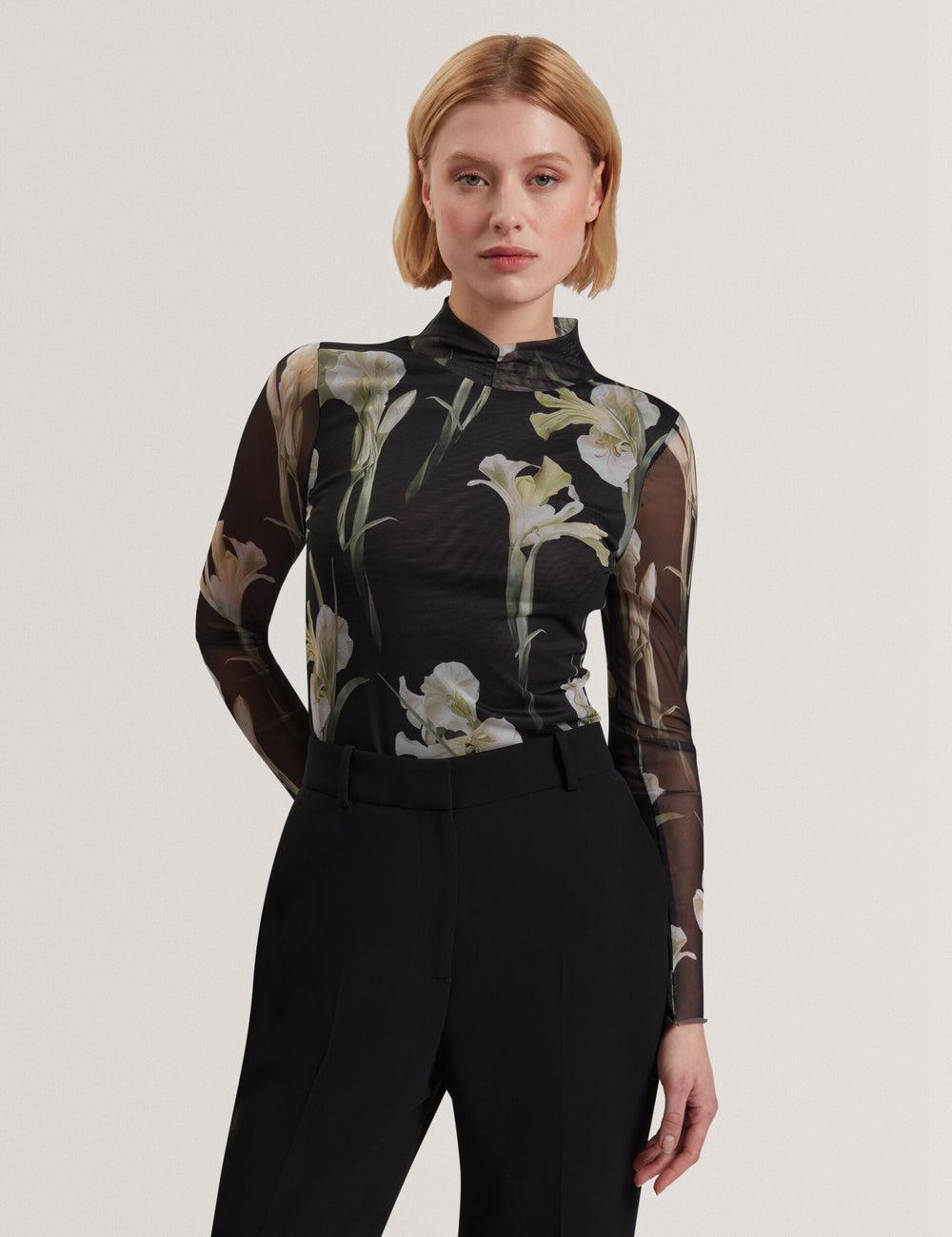 Ted Baker FIAAHH - Floral Print High Neck Sheer Mesh Topjes Dames Zwart | Belgium  856340-NED