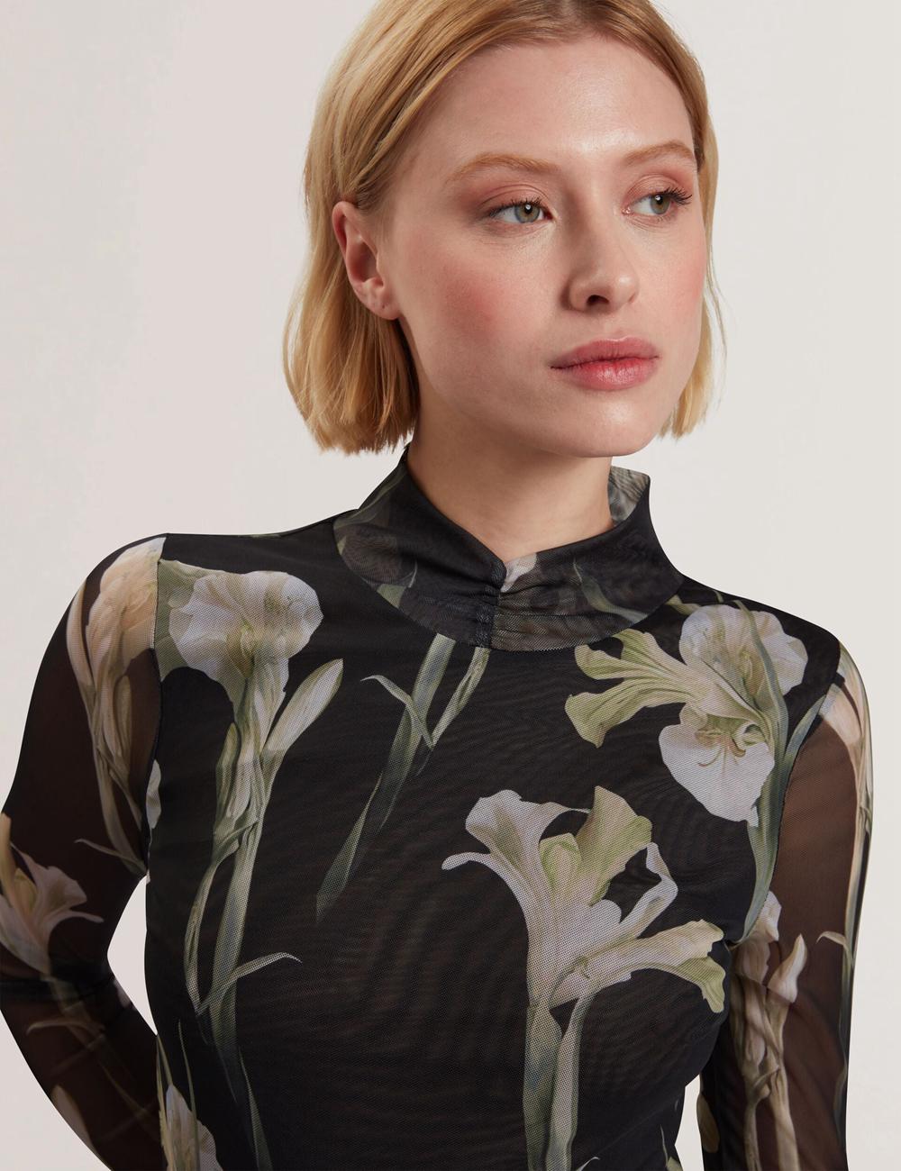 Ted Baker FIAAHH - Floral Print High Neck Sheer Mesh Topjes Dames Zwart | Belgium  856340-NED