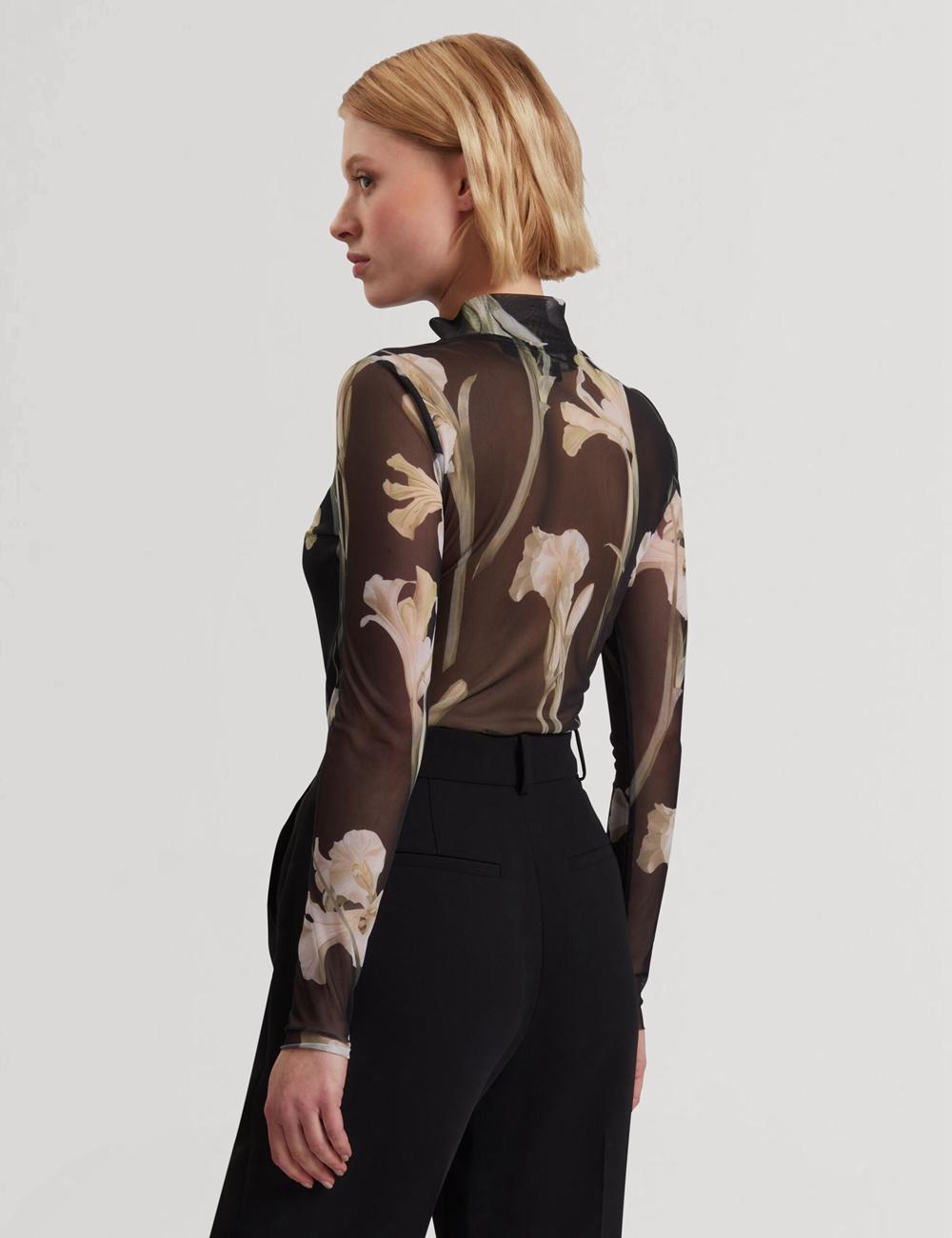Ted Baker FIAAHH - Floral Print High Neck Sheer Mesh Topjes Dames Zwart | Belgium  856340-NED