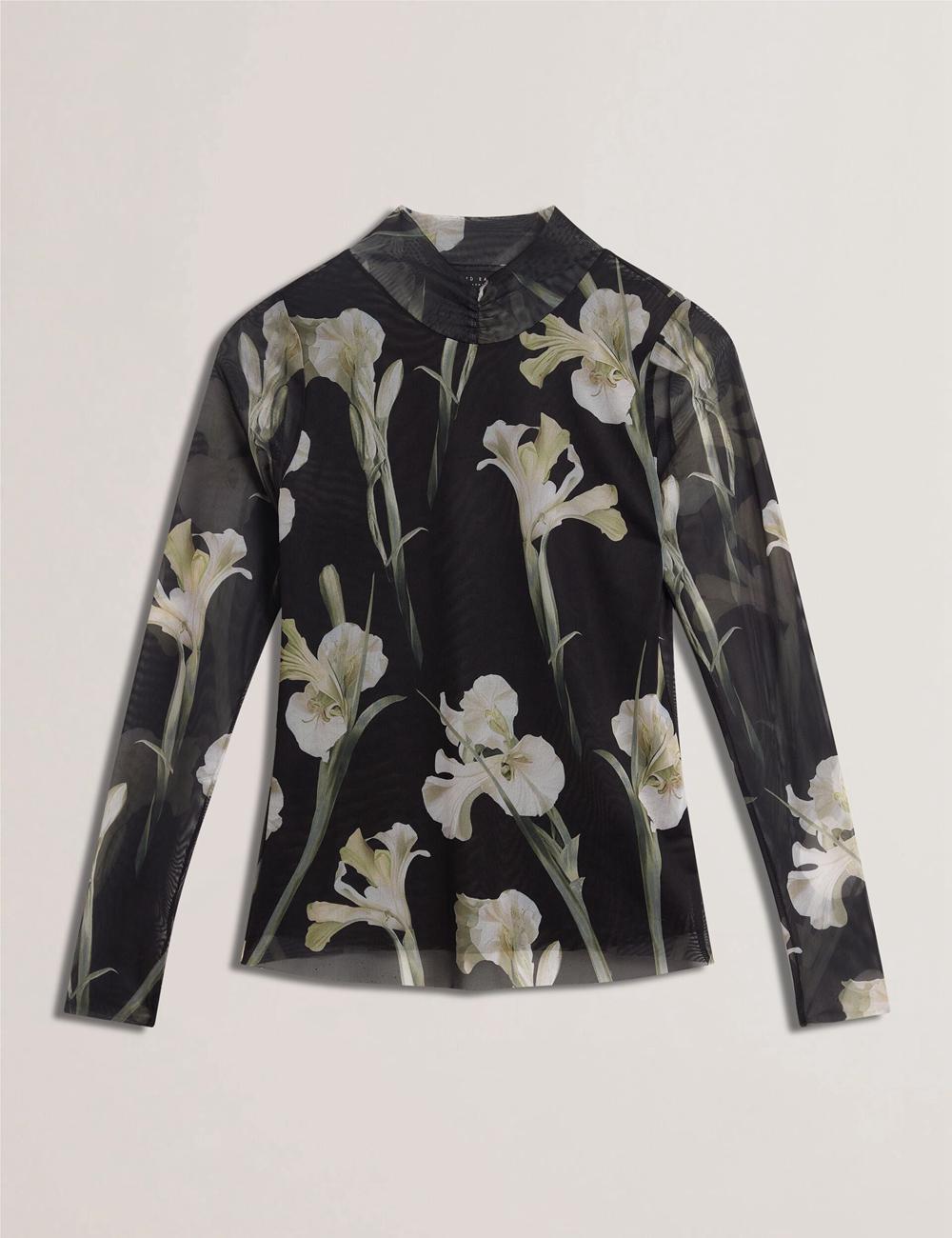 Ted Baker FIAAHH - Floral Print High Neck Sheer Mesh Topjes Dames Zwart | Belgium  856340-NED