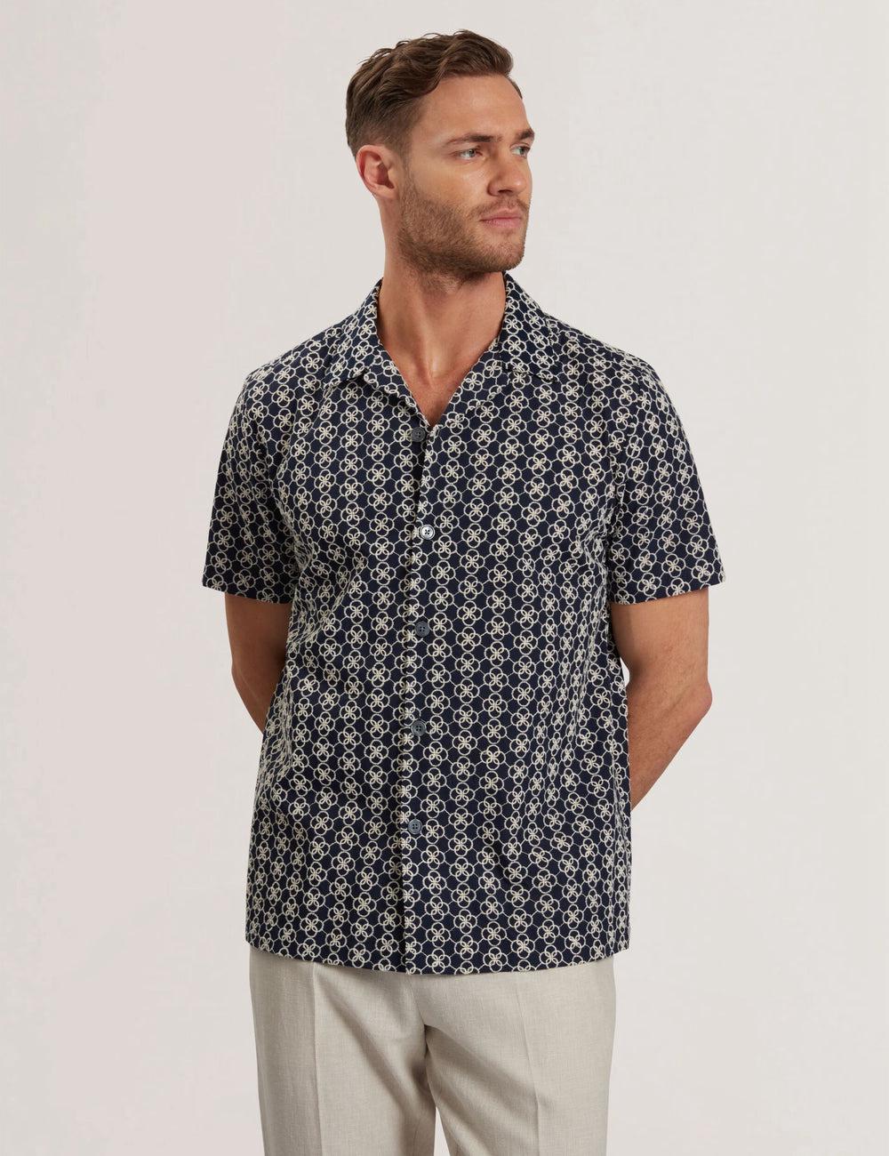 Ted Baker FINLAYS - Short Sleeve Relaxed Embroidered Overhemd Heren Donkerblauw | Belgium  875602-PRY