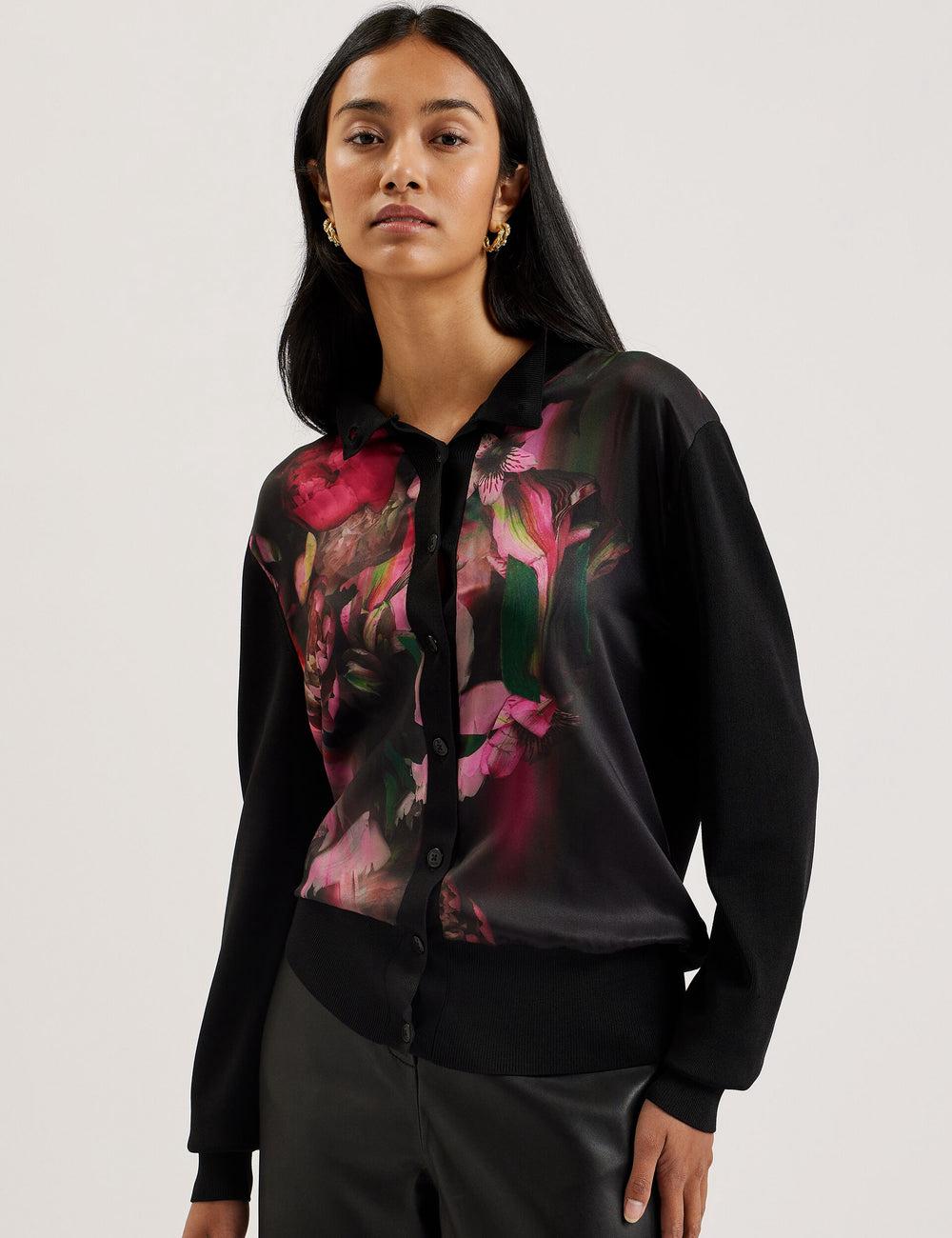 Ted Baker GEMHAA - Printed Panel Long Sleeve Cardigan Dames Zwart | Belgium  629830-XWF