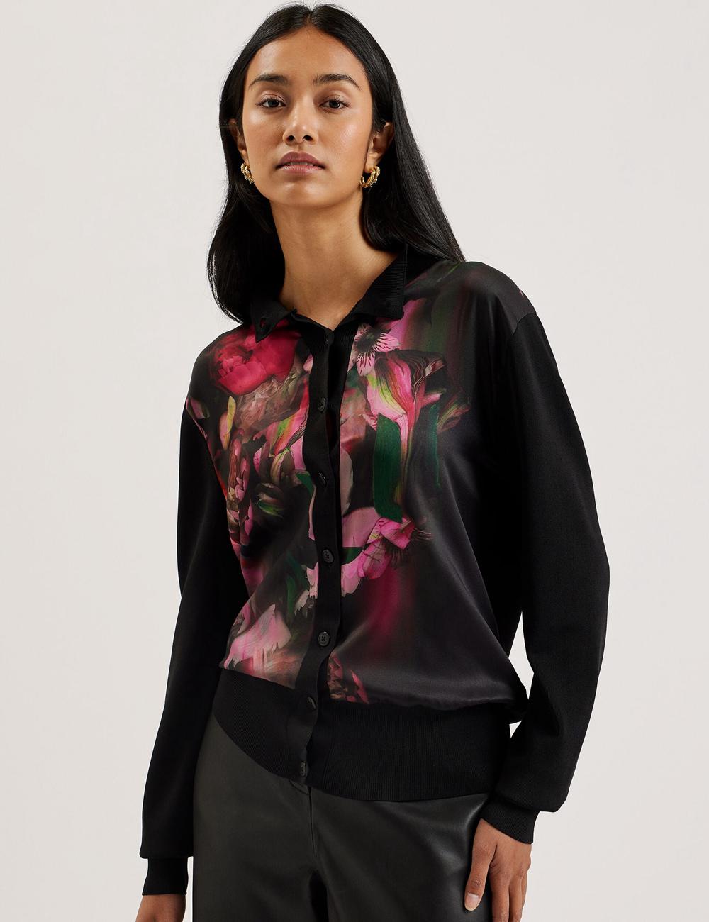 Ted Baker GEMHAA - Printed Panel Long Sleeve Cardigan Dames Zwart | Belgium  629830-XWF