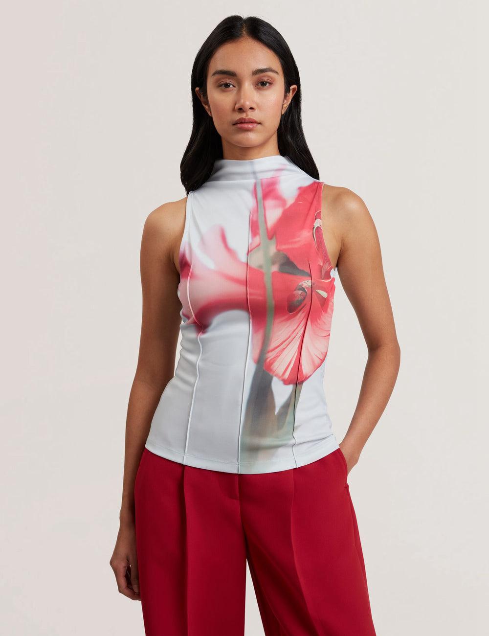 Ted Baker HARPLNN - Floral High Neck Jersey Topjes Dames Blauw | Belgium  398524-EVN