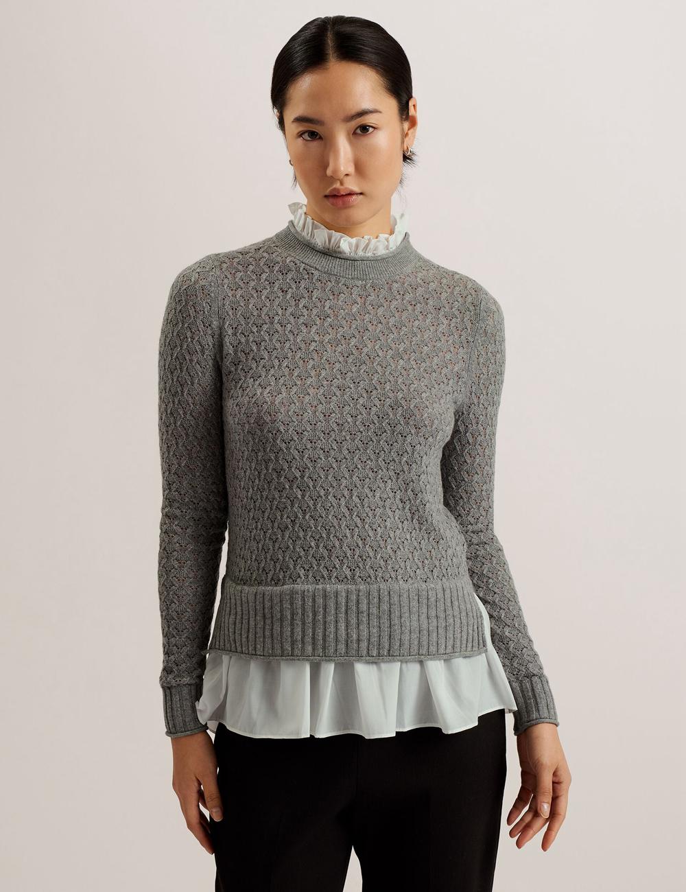 Ted Baker HOLINAS - Pointelle Knit With Shirt Hem Jumpers Dames Grijs | Belgium  297540-PEQ