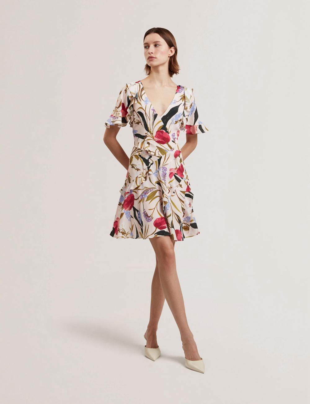 Ted Baker ISSIIA - Frill Trim Floral Short Sleeve Mini-jurk Dames Roze | Belgium  368479-GNK