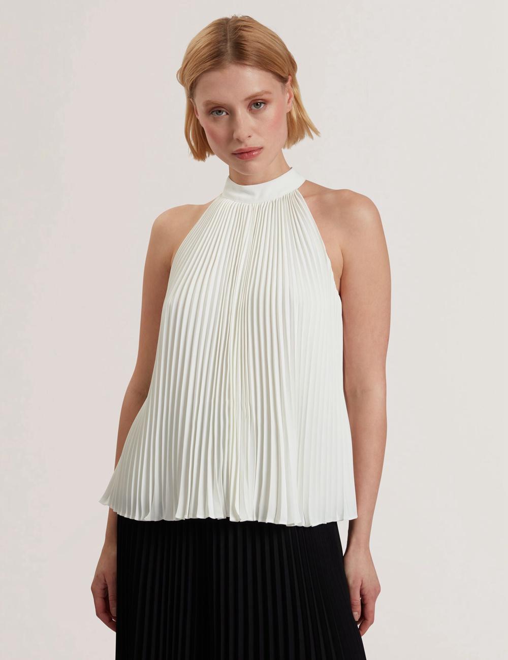 Ted Baker JAMAYA - High Halter Neck Pleated Sleeveless Topjes Dames Ivory | Belgium  321749-SKV