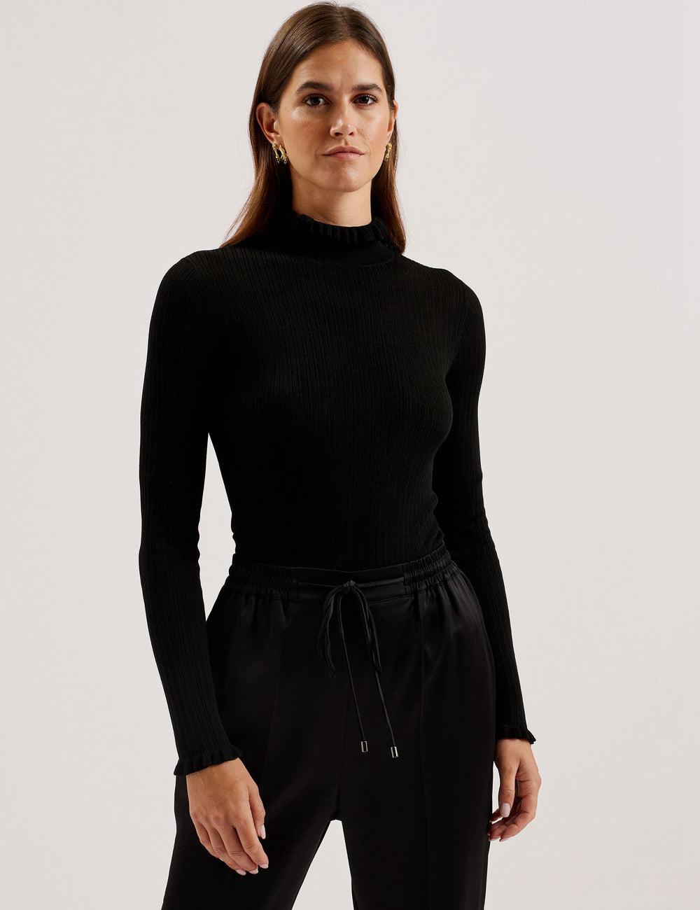 Ted Baker JANITTT - Ruffle Trim High Neck Ribbed Jumpers Dames Zwart | Belgium  508719-XCY