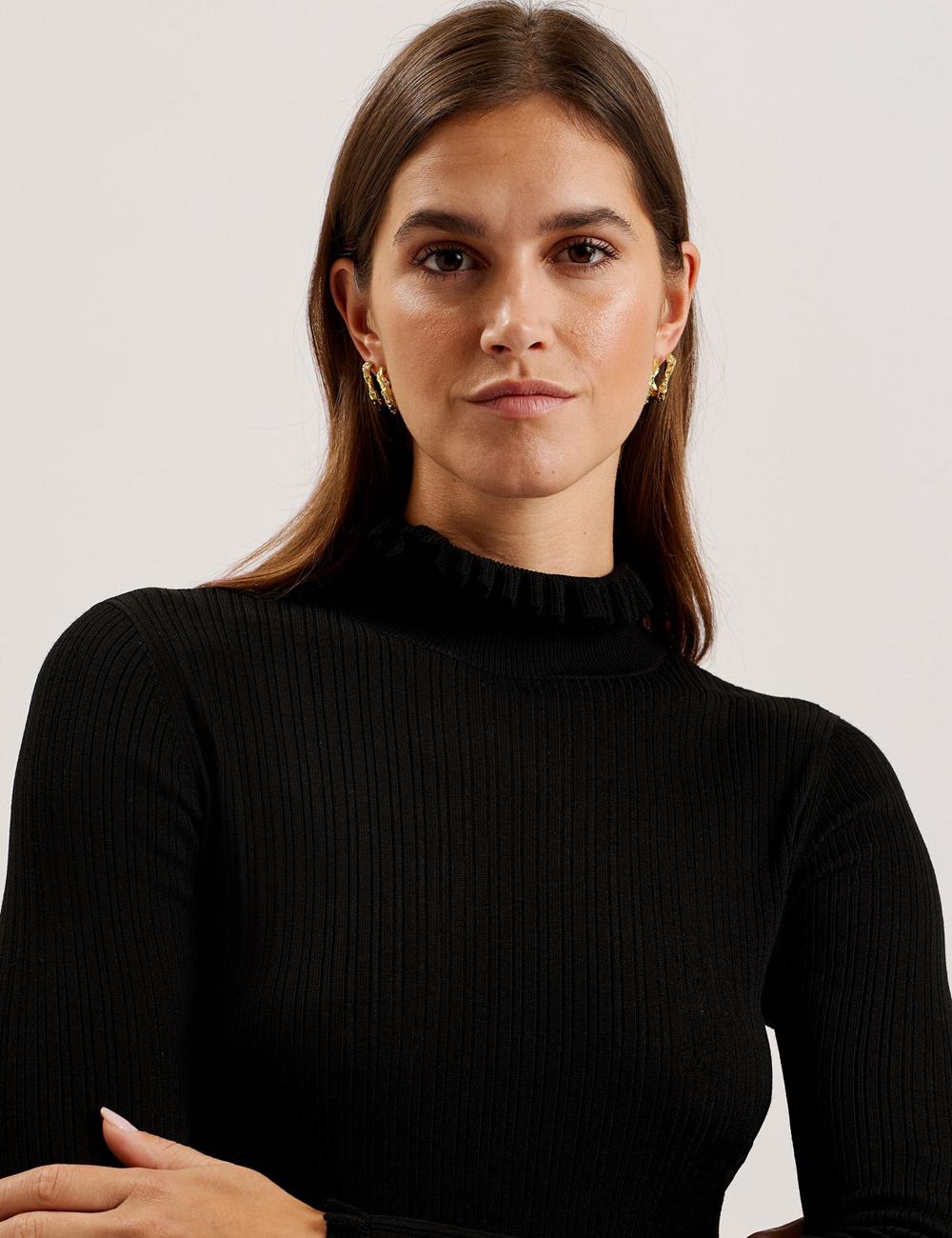 Ted Baker JANITTT - Ruffle Trim High Neck Ribbed Jumpers Dames Zwart | Belgium  508719-XCY