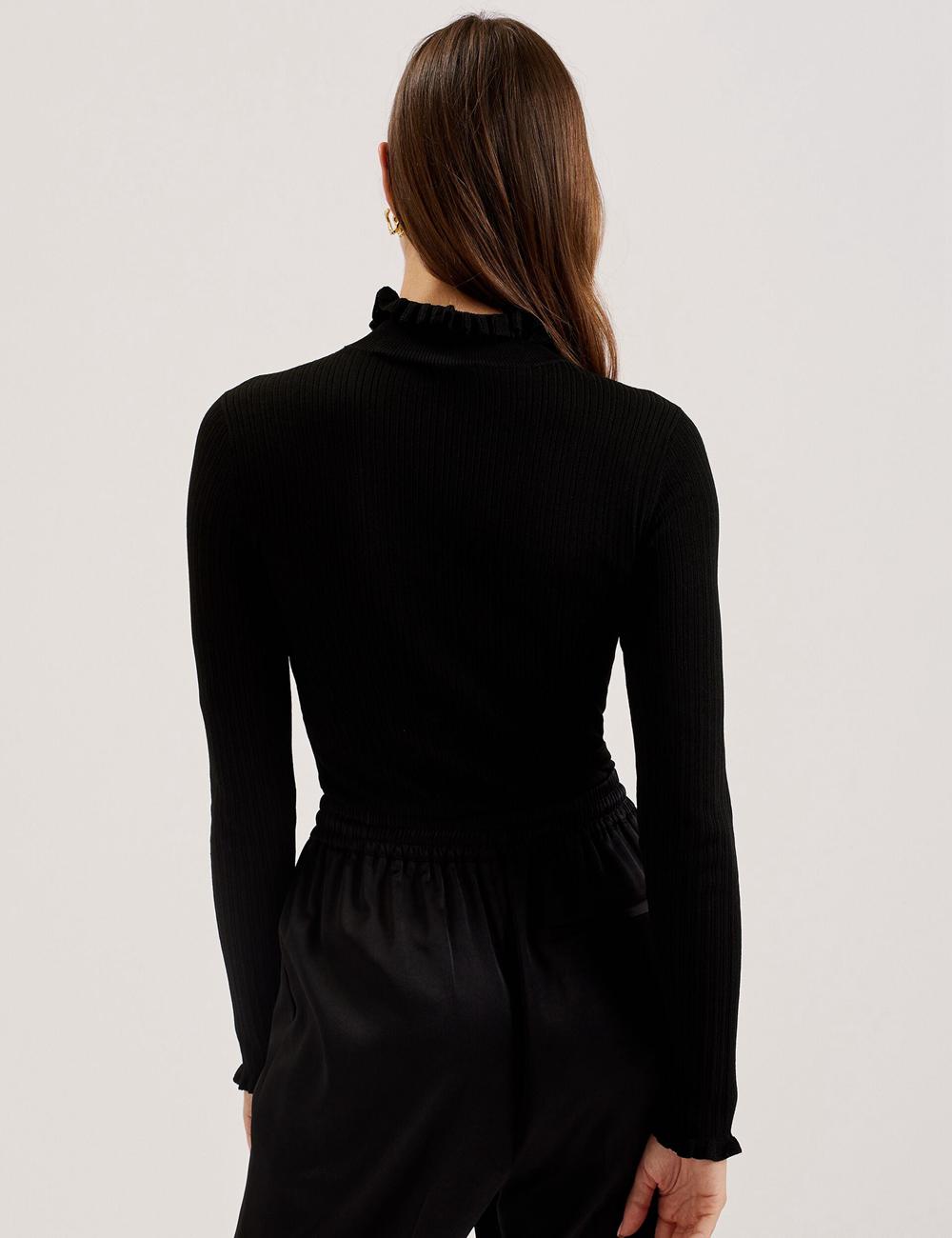Ted Baker JANITTT - Ruffle Trim High Neck Ribbed Jumpers Dames Zwart | Belgium  508719-XCY