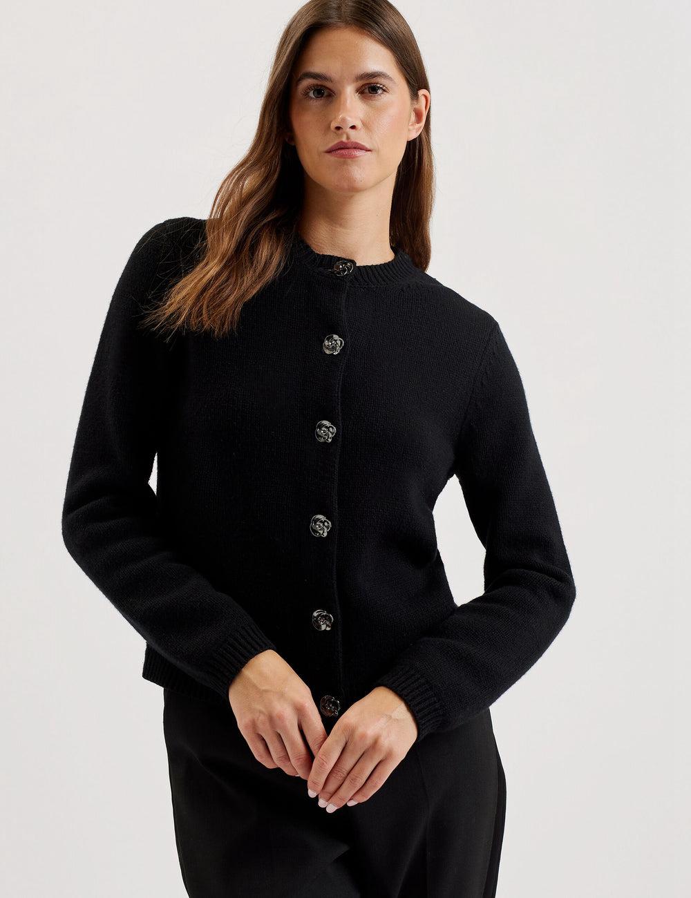 Ted Baker JAYCEY - Rose Button Knitted Crew Neck Cardigan Dames Zwart | Belgium  295086-ZWC
