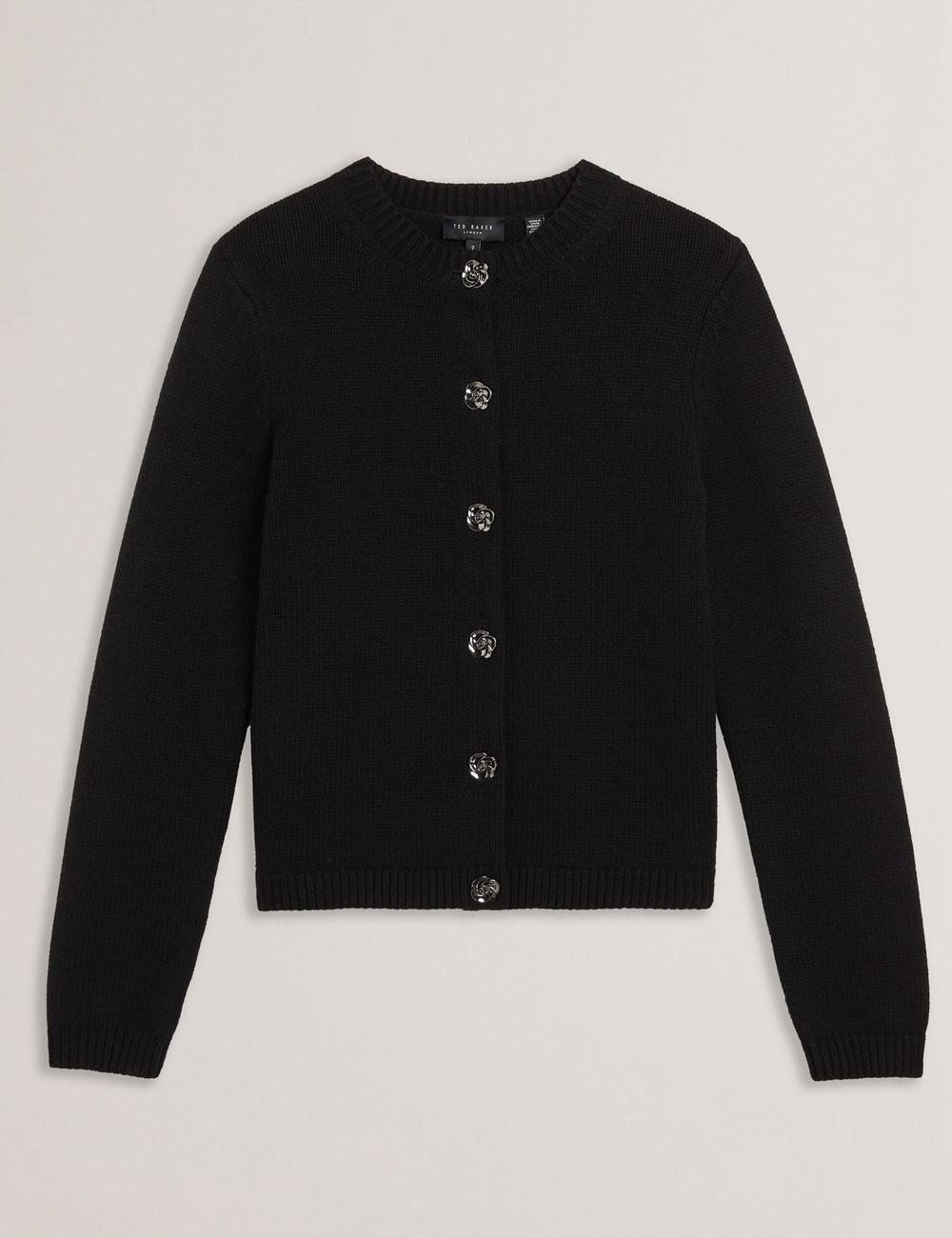 Ted Baker JAYCEY - Rose Button Knitted Crew Neck Cardigan Dames Zwart | Belgium  295086-ZWC