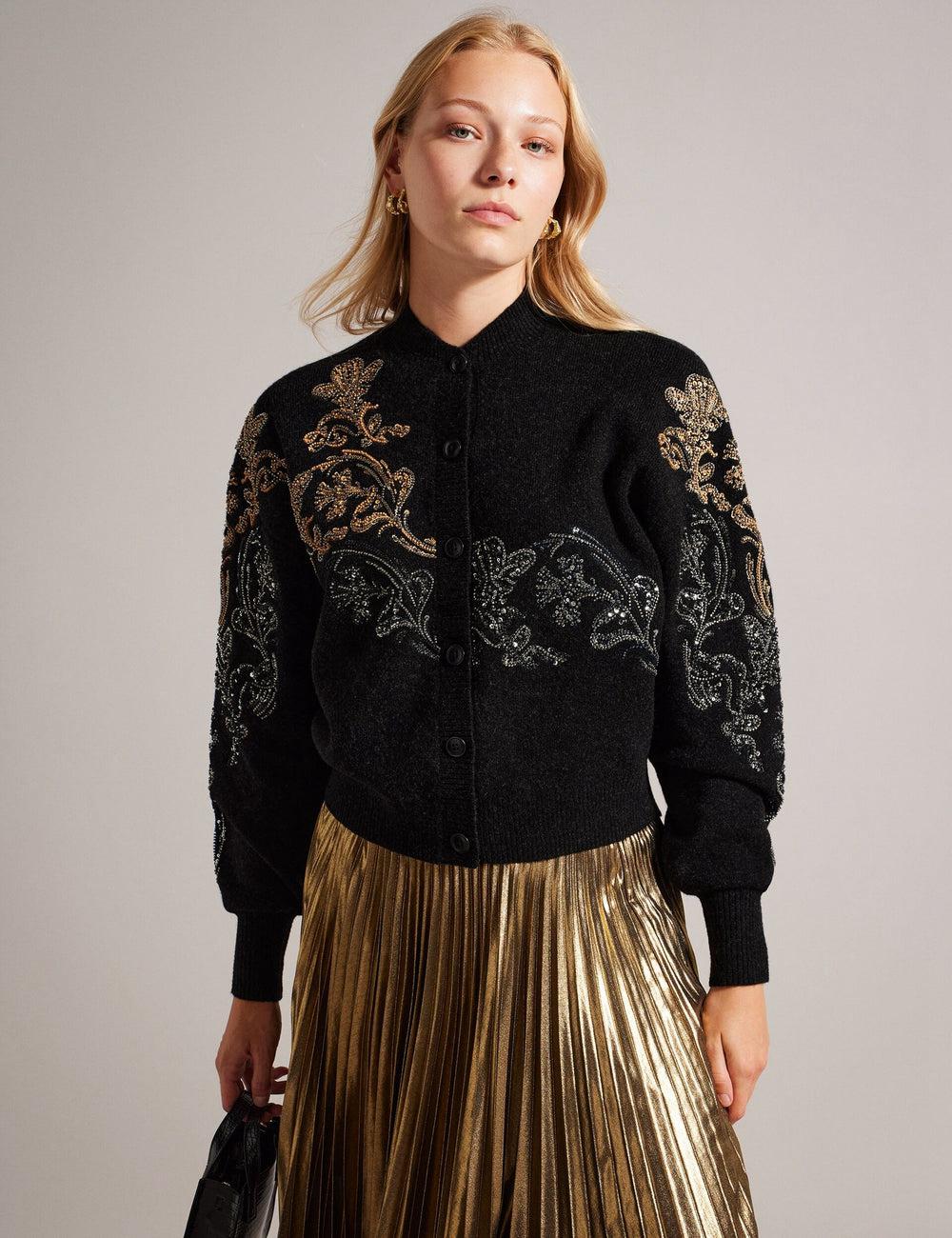 Ted Baker JENIIYY - Sequin Embellished Wool Bomber Cardigan Dames Grijs | Belgium  710823-LZP