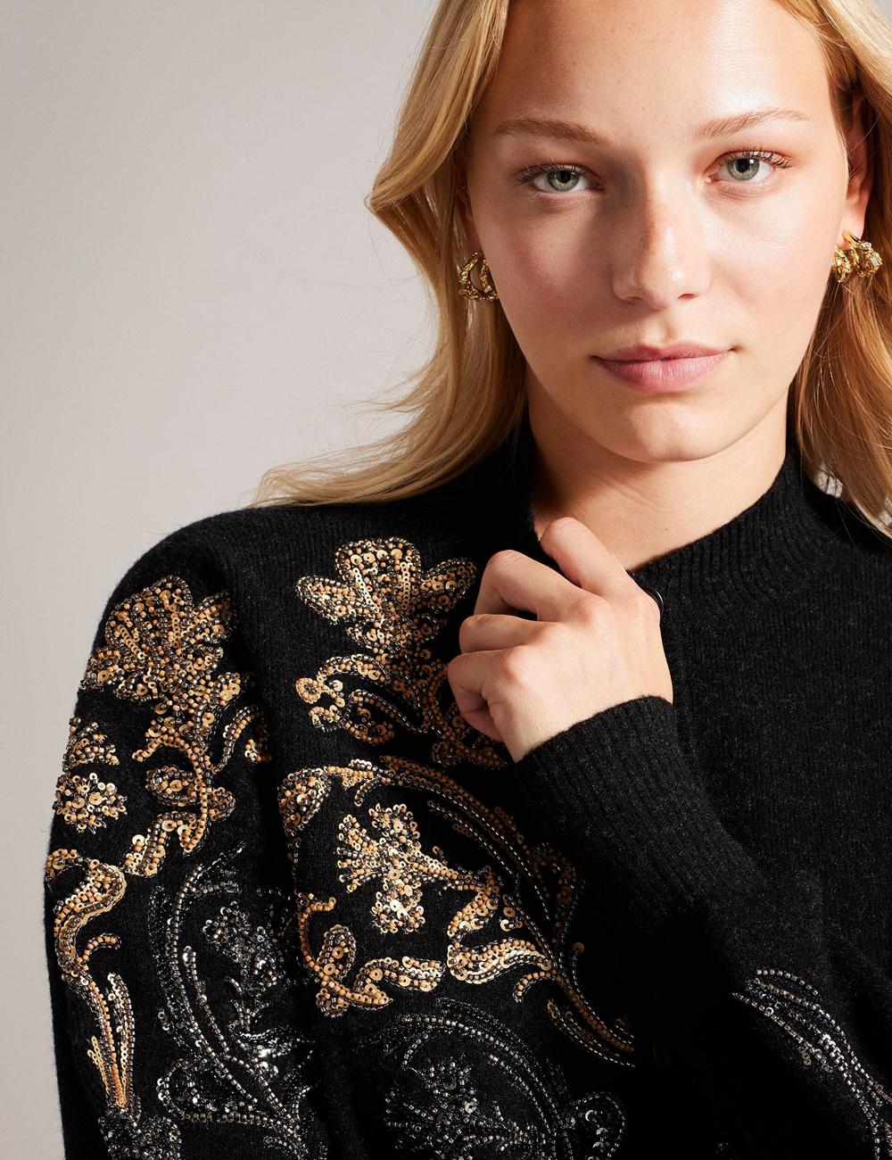 Ted Baker JENIIYY - Sequin Embellished Wool Bomber Cardigan Dames Grijs | Belgium  710823-LZP