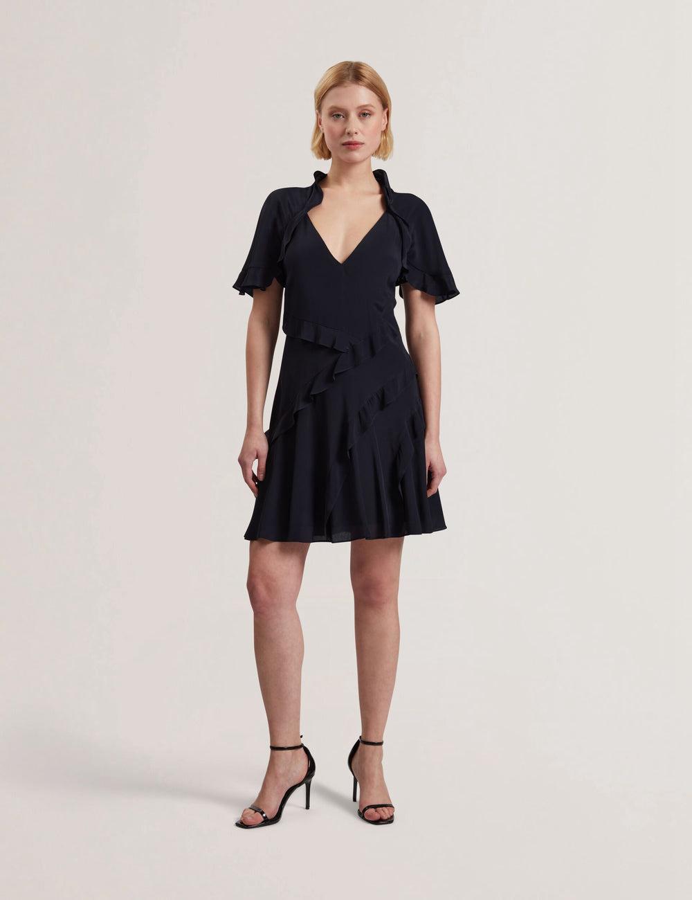 Ted Baker JOJII - Frill Trim Angel Sleeve Mini-jurk Dames Donkerblauw | Belgium  902465-STB