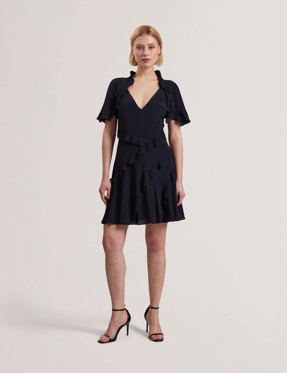 Ted Baker JOJII - Frill Trim Angel Sleeve Mini-jurk Dames Donkerblauw | Belgium  902465-STB