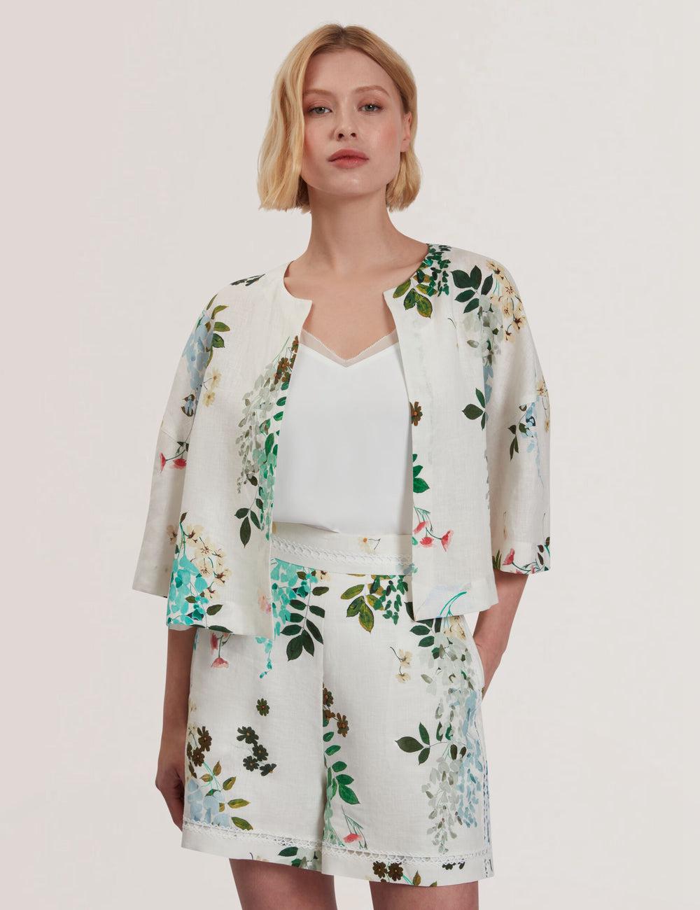 Ted Baker KALNA - Printed Linen Short Sleeve Cropped Shirt Topjes Dames Wit | Belgium  519602-DJT
