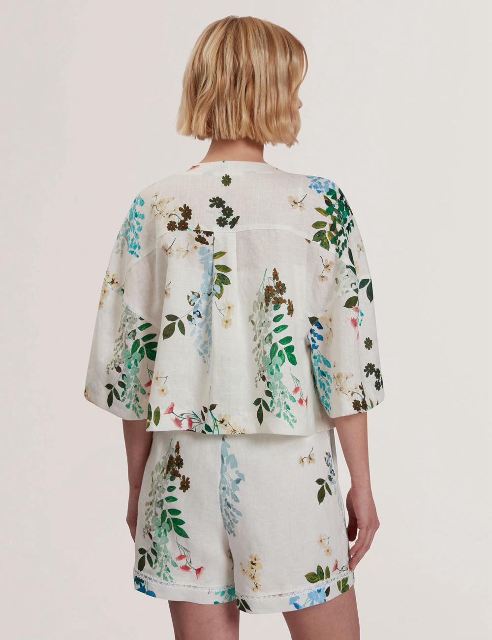 Ted Baker KALNA - Printed Linen Short Sleeve Cropped Shirt Topjes Dames Wit | Belgium  519602-DJT