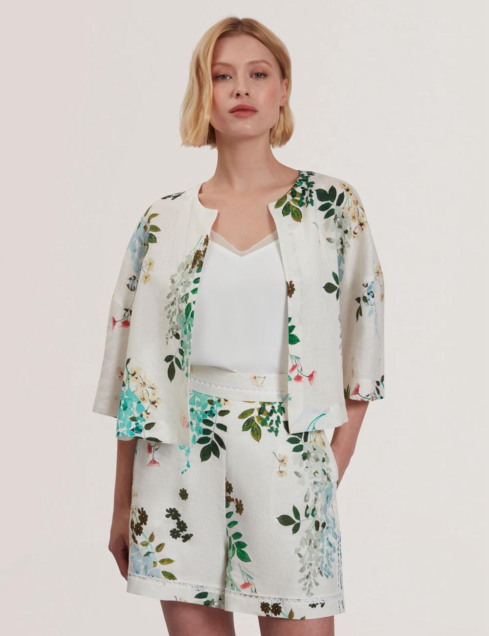 Ted Baker KALNA - Printed Linen Short Sleeve Cropped Shirt Topjes Dames Wit | Belgium  519602-DJT