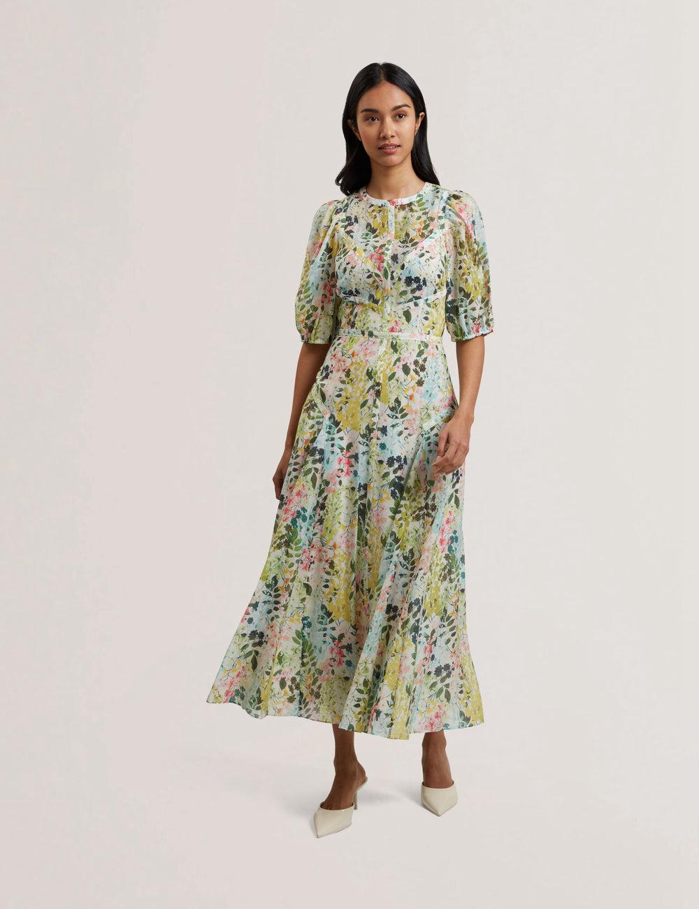 Ted Baker KANDEA - Floral Puff Sleeve A-Line Midi-jurk Dames Ivory | Belgium  014738-BGT