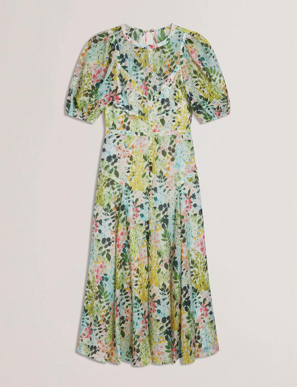 Ted Baker KANDEA - Floral Puff Sleeve A-Line Midi-jurk Dames Ivory | Belgium  014738-BGT