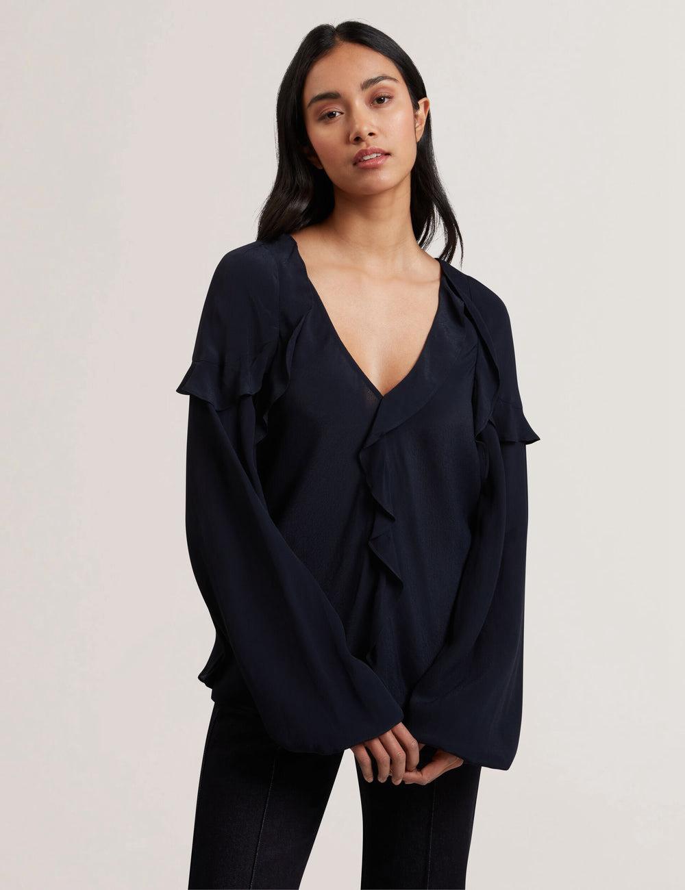 Ted Baker KAYFA - Waterfall Ruffle Trim Long Sleeve Blouse Dames Donkerblauw | Belgium  096348-UTN