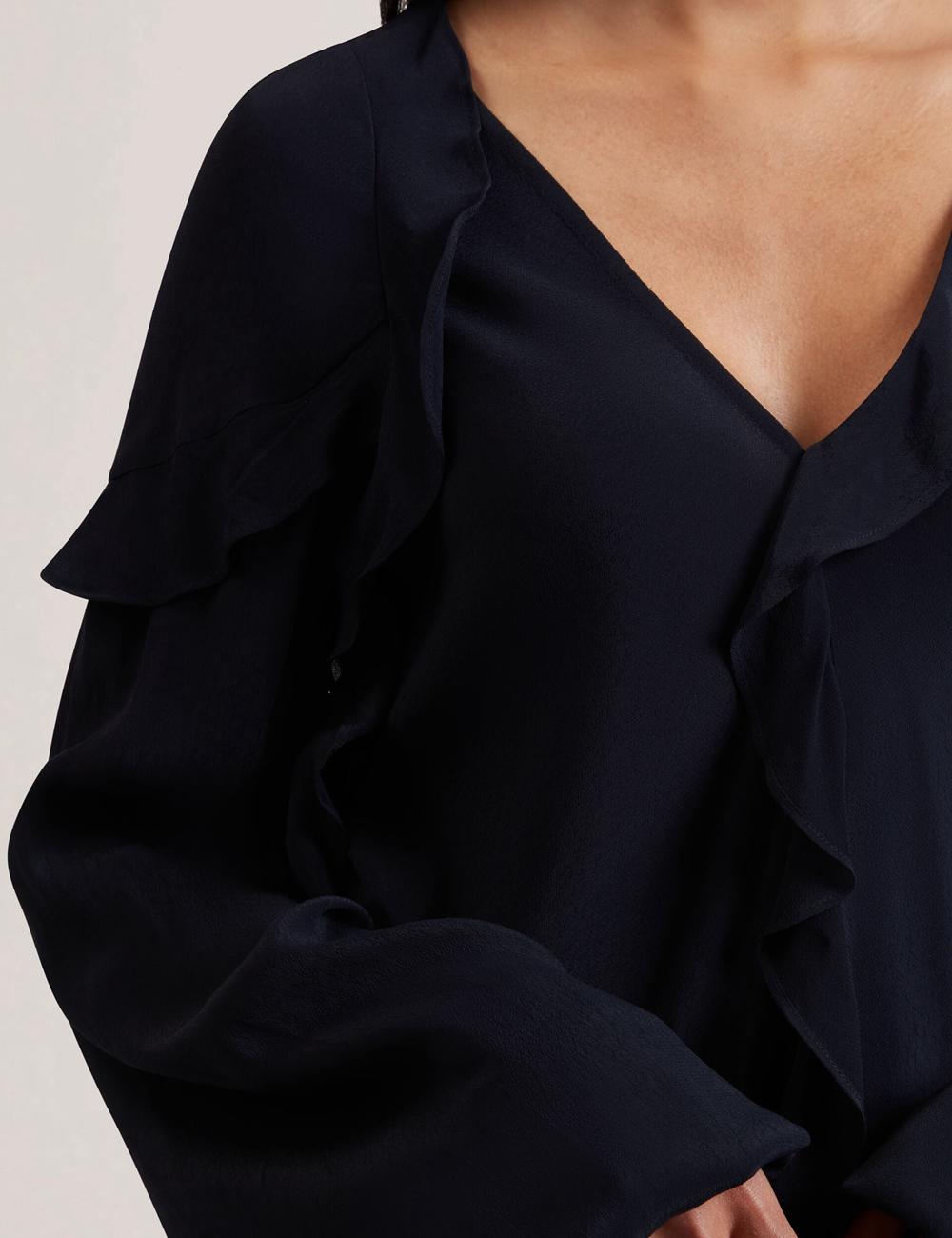 Ted Baker KAYFA - Waterfall Ruffle Trim Long Sleeve Blouse Dames Donkerblauw | Belgium  096348-UTN