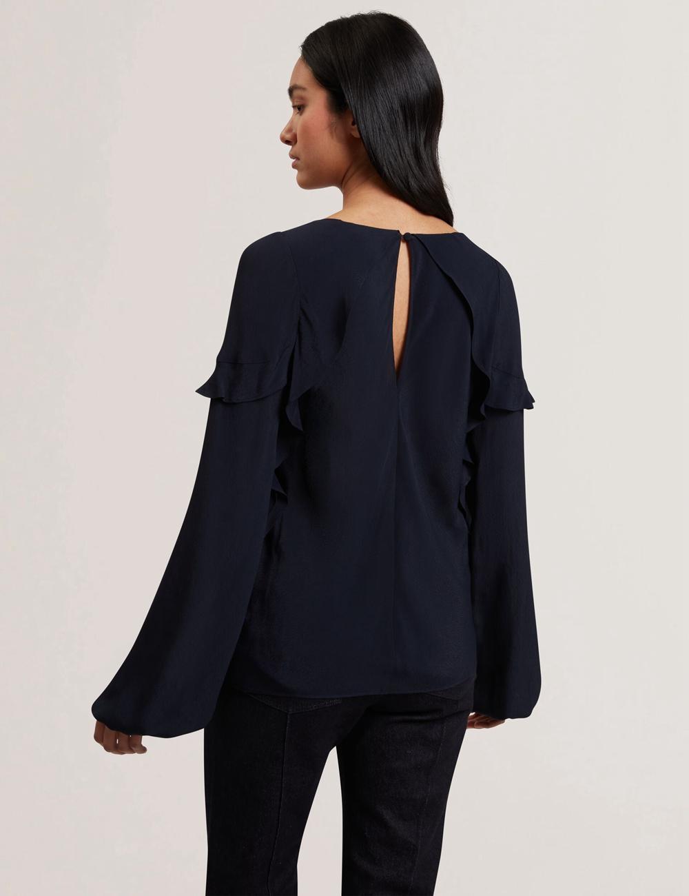 Ted Baker KAYFA - Waterfall Ruffle Trim Long Sleeve Blouse Dames Donkerblauw | Belgium  096348-UTN