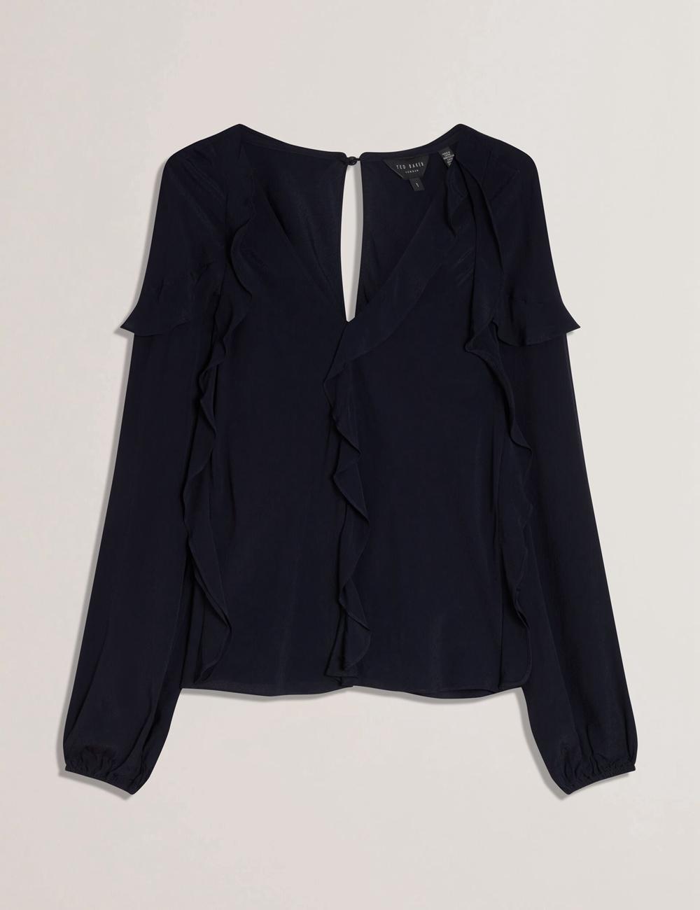 Ted Baker KAYFA - Waterfall Ruffle Trim Long Sleeve Blouse Dames Donkerblauw | Belgium  096348-UTN