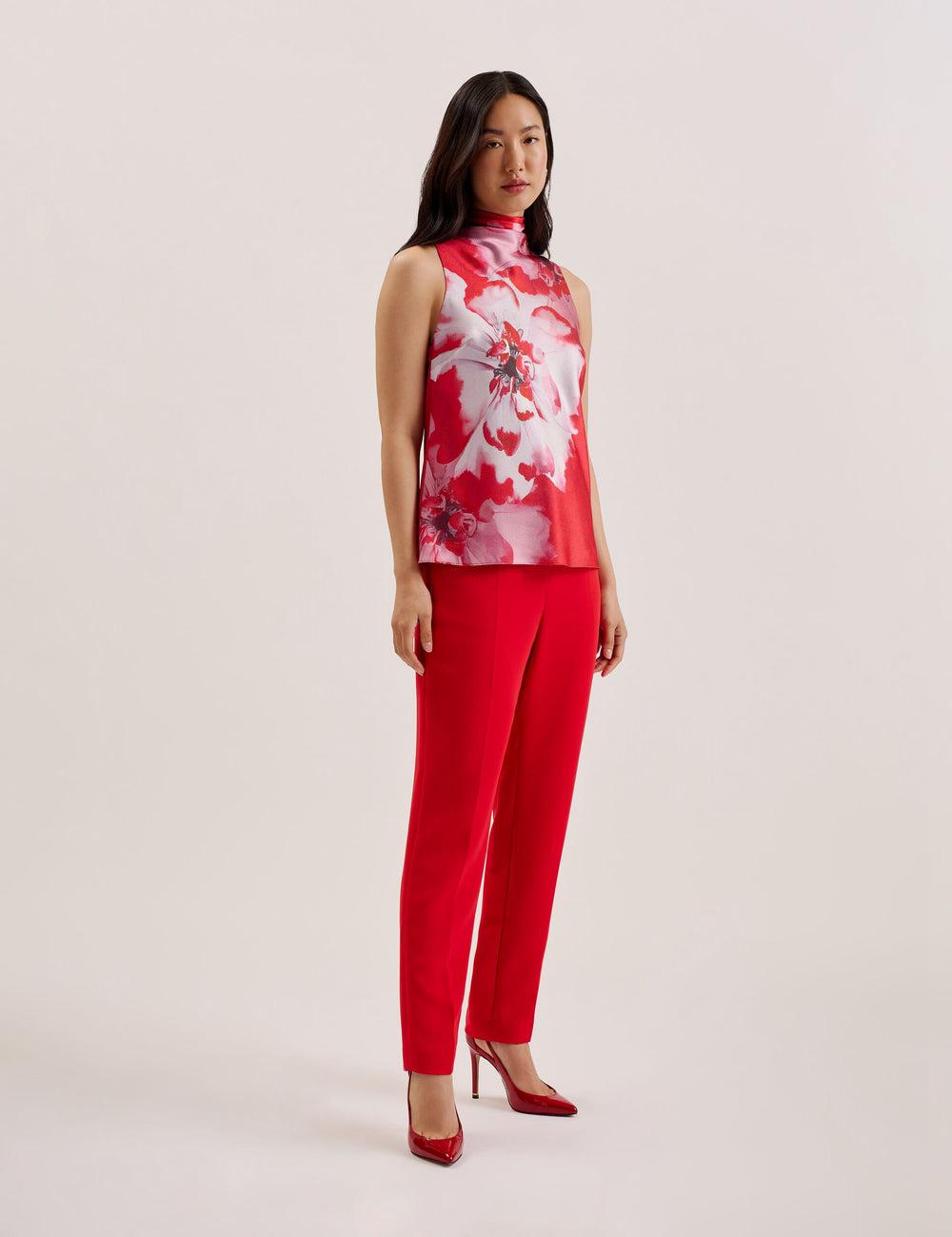 Ted Baker KOHANA - Floral Satin High Neck Sleeveless Top Blouse Dames Rood | Belgium  709254-ZQD