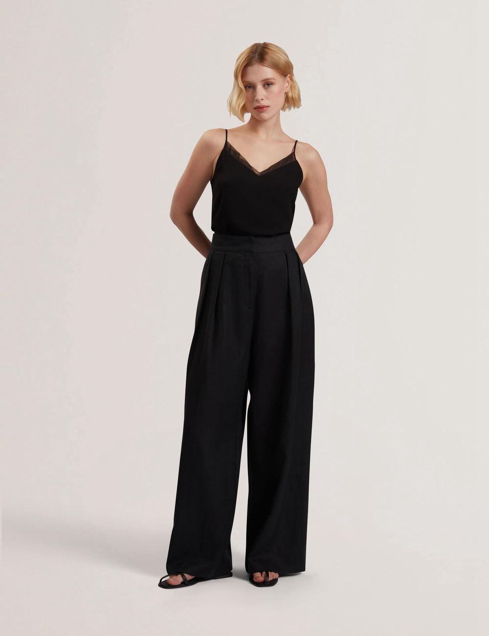 Ted Baker KYFAAT - Pure Linen Tailored Wide Leg Broek Dames Zwart | Belgium  637592-IRA